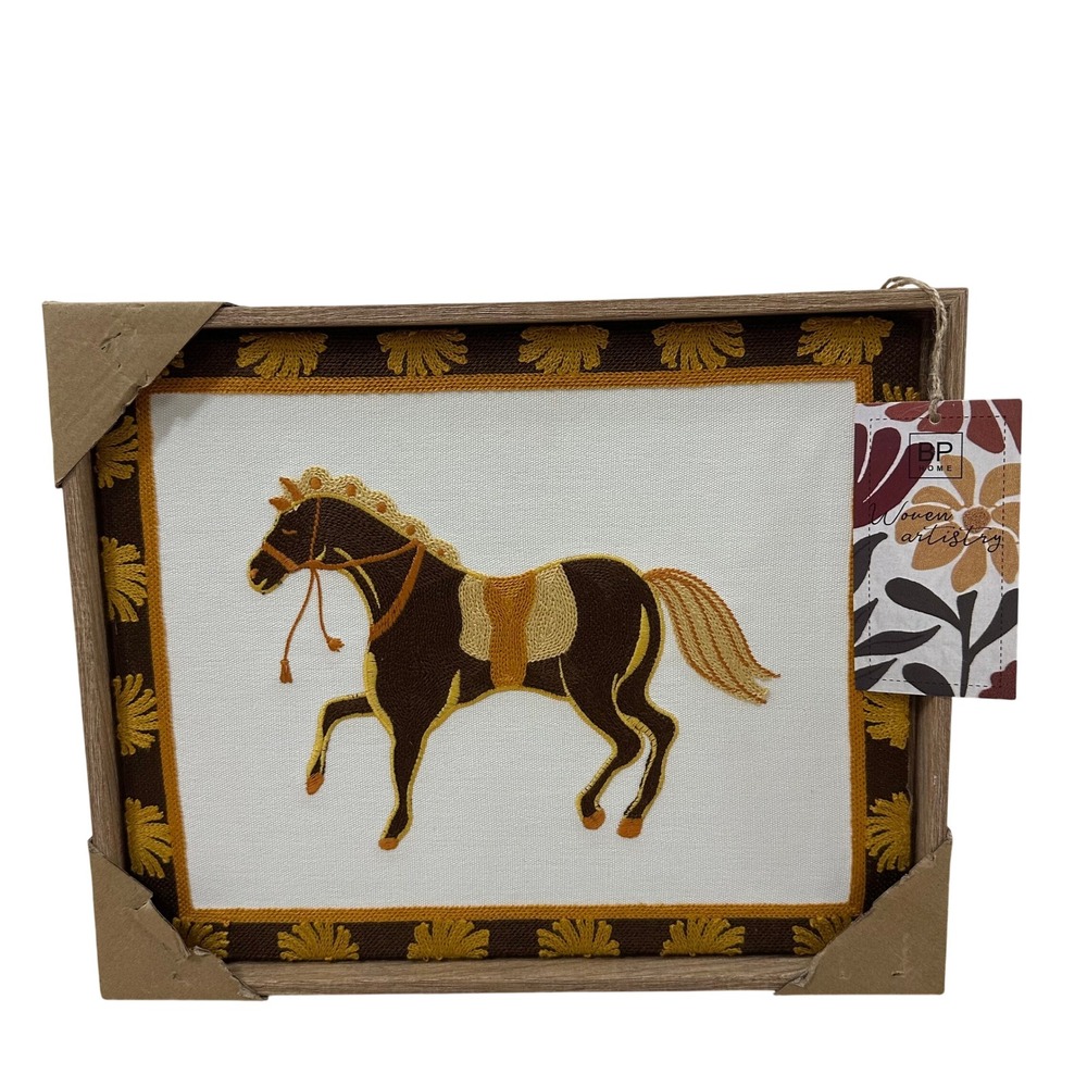 BP Home Woven Artistry Framed‎ Embroidered Horse Textile Wall Art Brown Gold NEW
